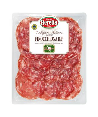 Beretta Finocchiona IGP 100g sliced fennel salami in a white tray with the Beretta label and IGP seal