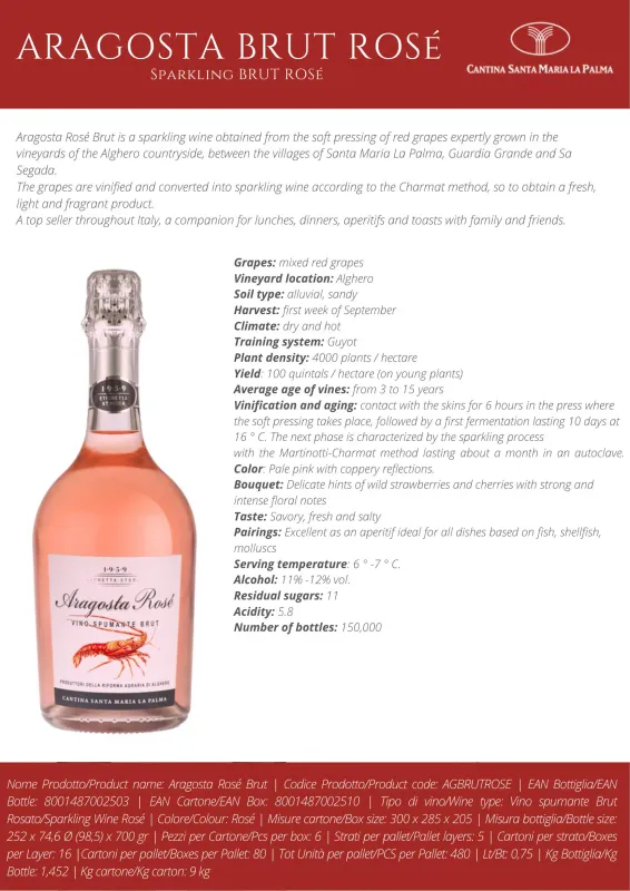 Aragosta Brut Rosé Sparkling Wine 75cl (11.5% ABV)