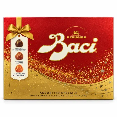 Baci Perugina Raffinata Selezione 250g gift box, 20 assorted chocolates in red and gold Christmas packaging.