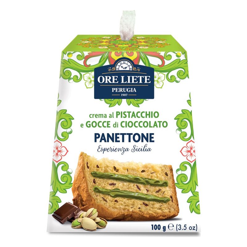 Ore Liete Esperienza Sicilia mini Panettone 100g with pistachio cream and chocolate chips in a green decorative box