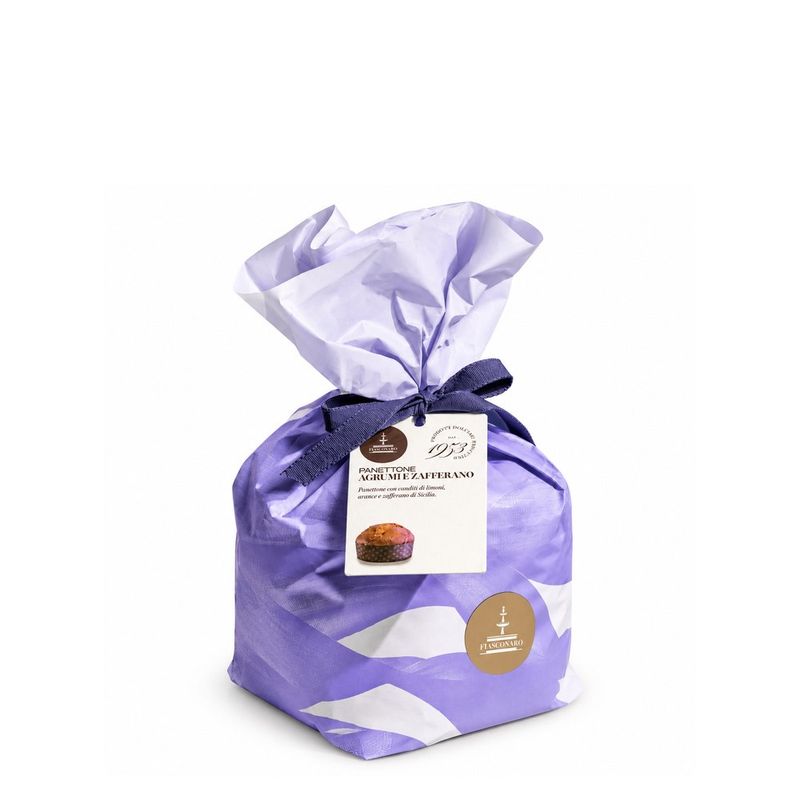 Fiasconaro Agrumi e Zafferano Panettone 500g, hand-wrapped in purple and lilac with a navy bow.