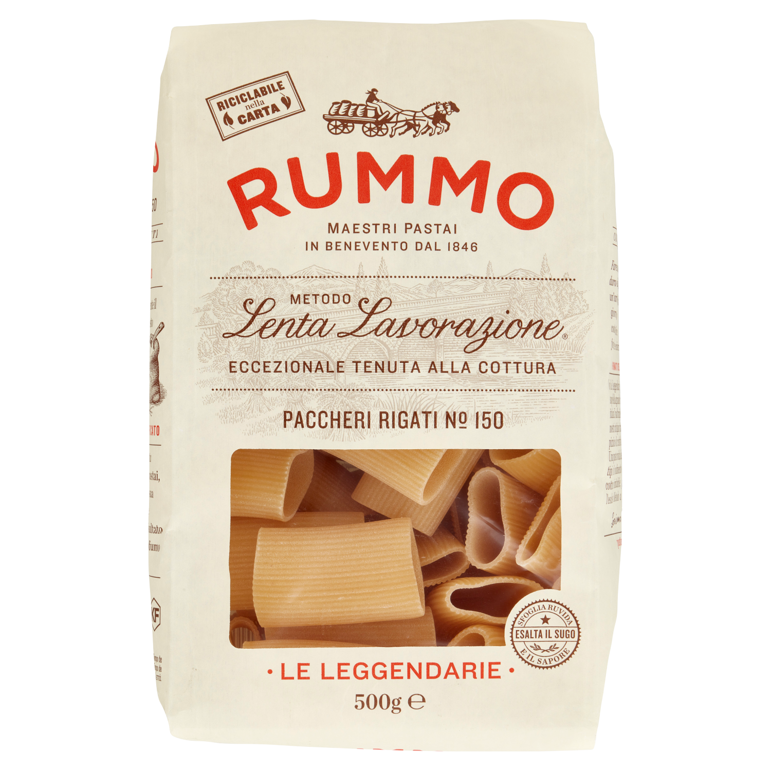 Rummo Paccheri Rigati No. 150 Le Leggendarie pasta in a cream paper bag, 500g