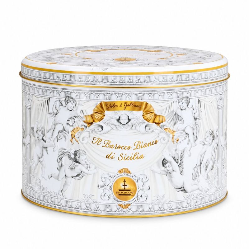 Dolce &amp; Gabbana Barocco Bianco di Sicilia 1kg panettone in a white-and-gold collectible tin by Fiasconaro