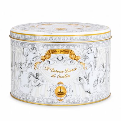 Dolce &amp; Gabbana Barocco Bianco di Sicilia 1kg panettone in a white-and-gold collectible tin by Fiasconaro