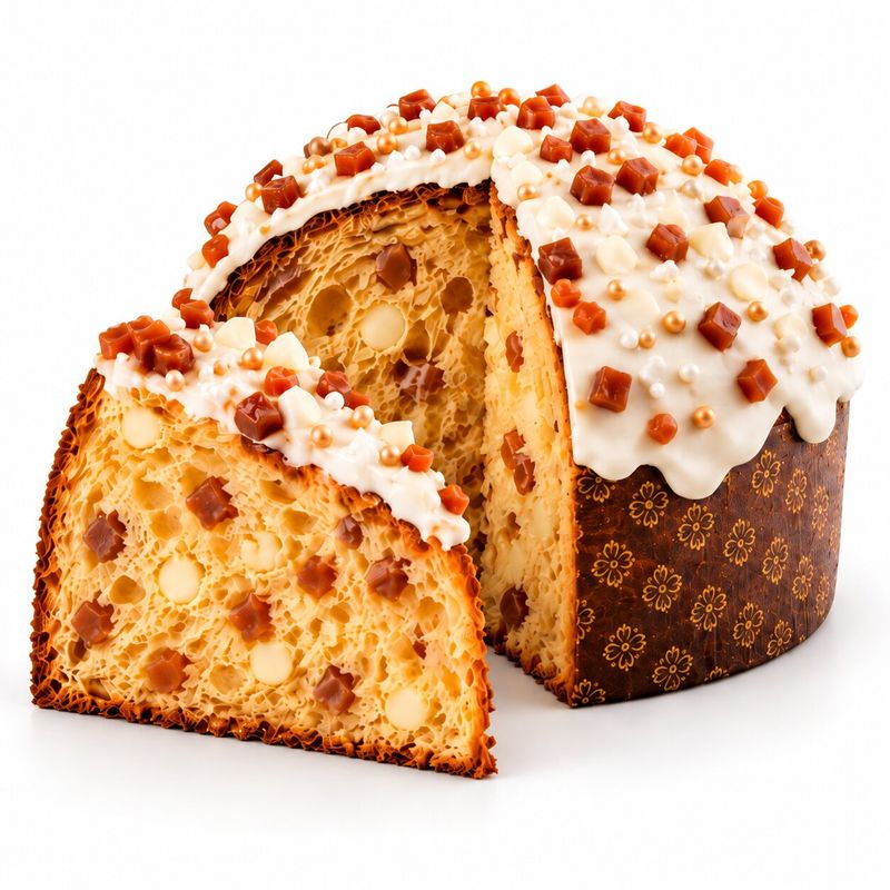Barocco Bianco di Sicilia panettone with white chocolate coating, salted caramel and a cut slice