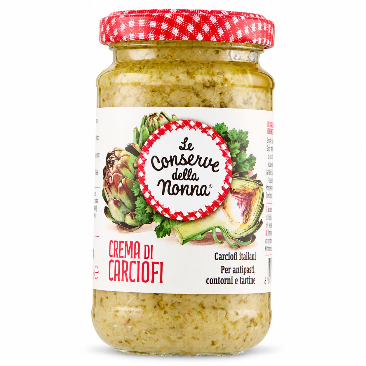 Le Conserve della Nonna Crema di Carciofi 190g artichoke cream jar with red gingham lid on white background