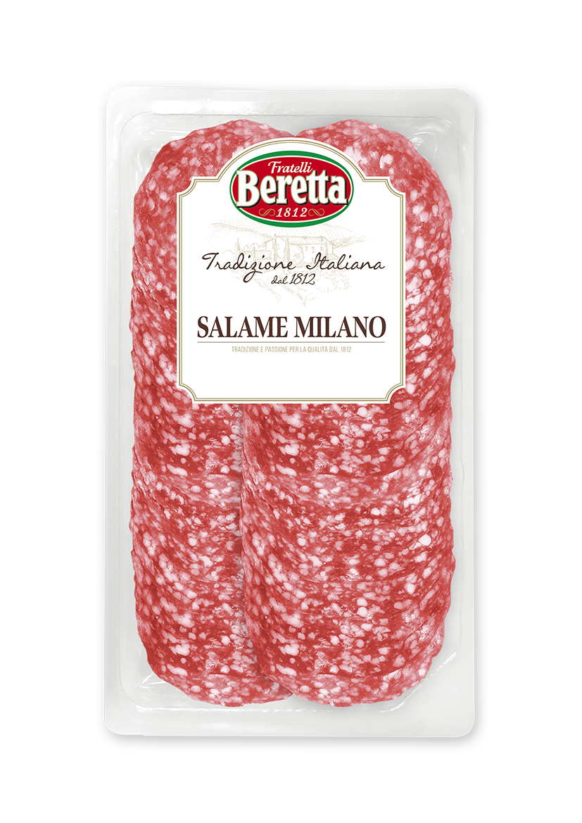 Beretta Salame Milano 80g sliced Italian salami in its white tray with the red and green Beretta label