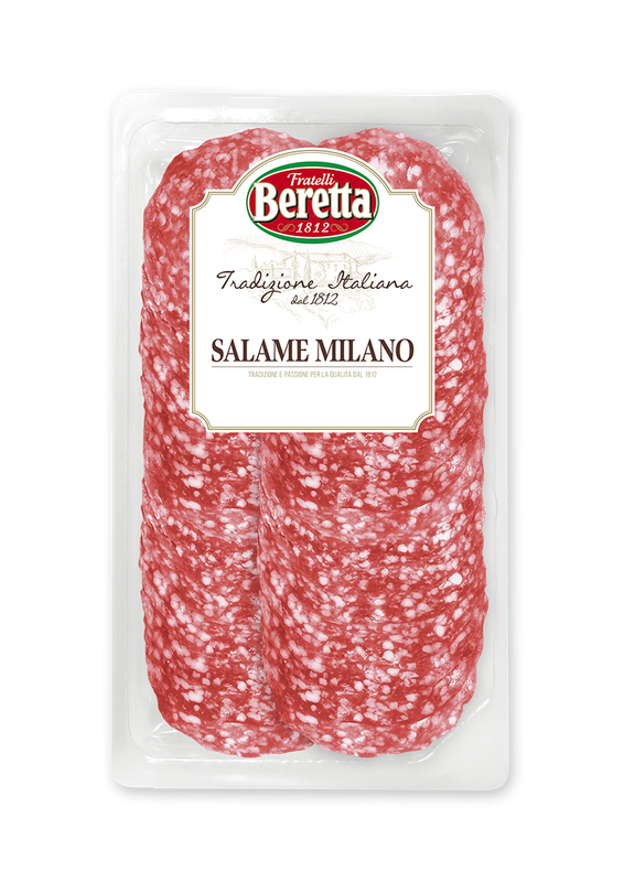 Beretta Salame Milano 80g sliced Italian salami in its white tray with the red and green Beretta label