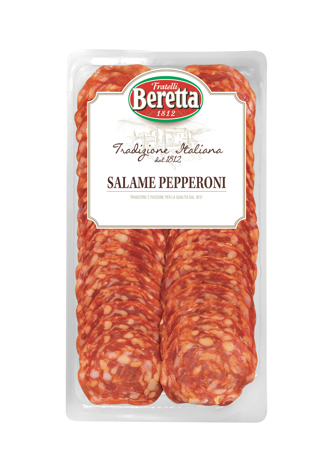 Beretta Salame Pepperoni 80g sliced Italian salami in a white tray with the red and green Beretta label