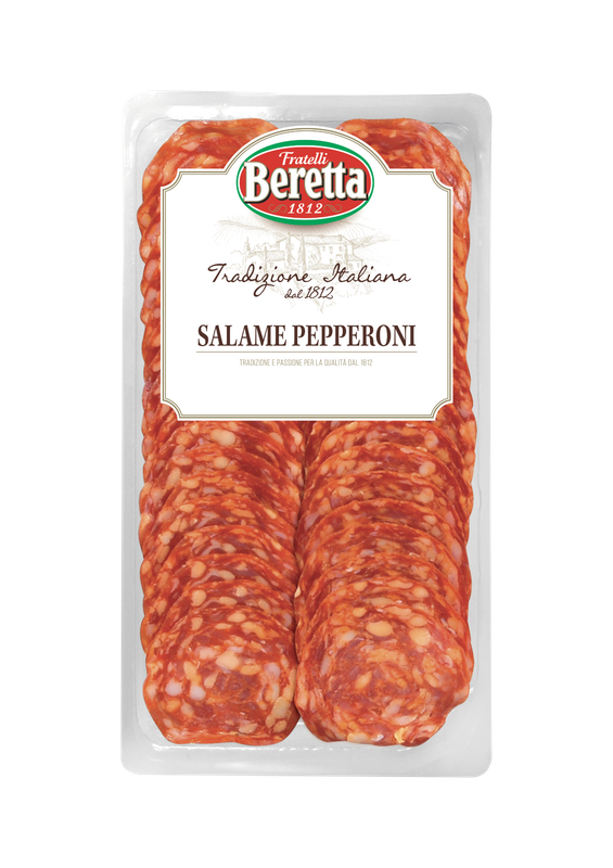 Beretta Salame Pepperoni 80g sliced Italian salami in a white tray with the red and green Beretta label