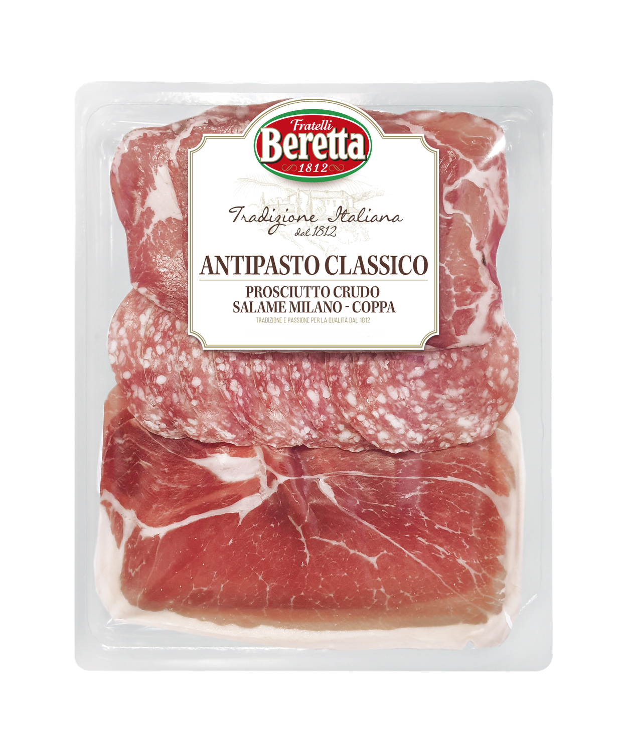 Beretta Antipasto Classico 100g pack with sliced prosciutto crudo, Salame Milano and coppa in a white tray