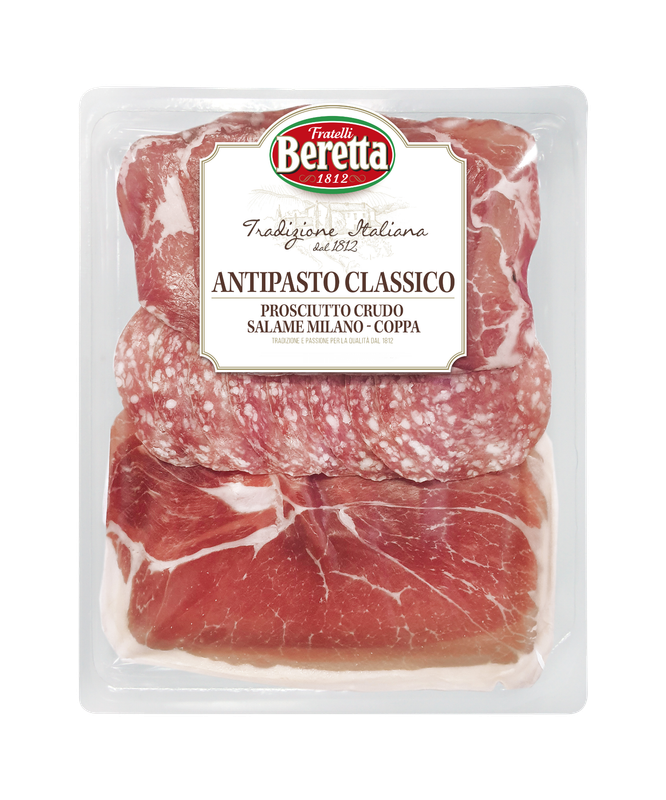 Beretta Antipasto Classico 100g pack with sliced prosciutto crudo, Salame Milano and coppa in a white tray