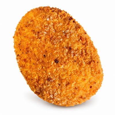 Golden breadcrumb-coated Gorgonzola and walnut Sicilian arancino, 220g, on a white background