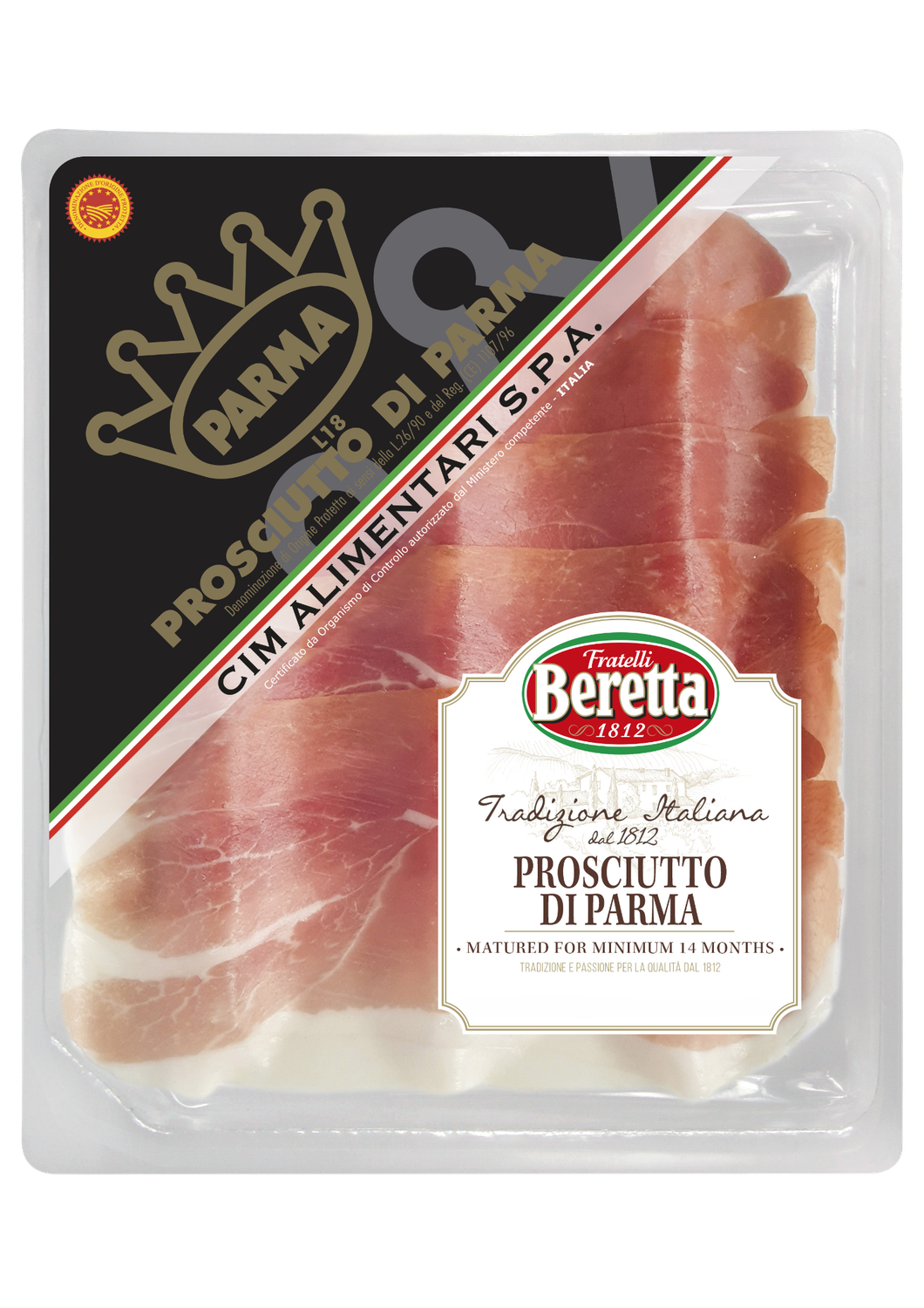 Beretta Prosciutto di Parma PDO 70g sliced ham in its black and gold labelled tray