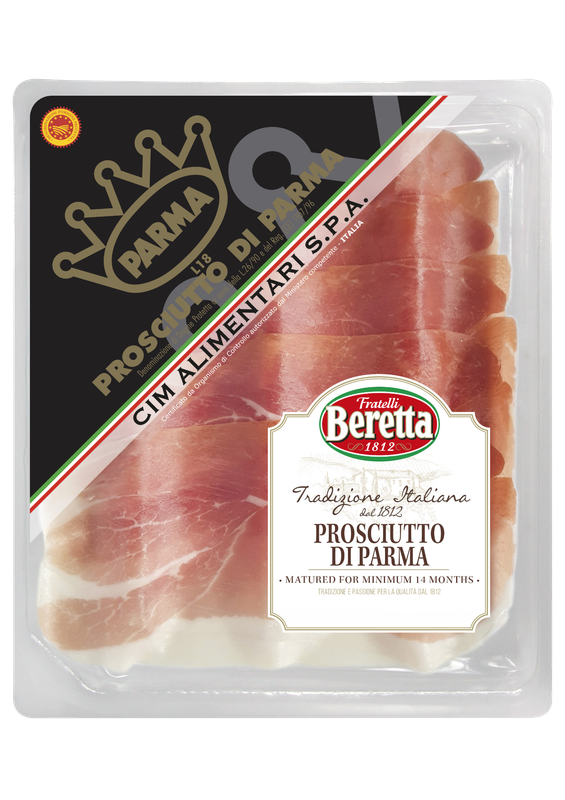 Beretta Prosciutto di Parma PDO 70g sliced ham in its black and gold labelled tray