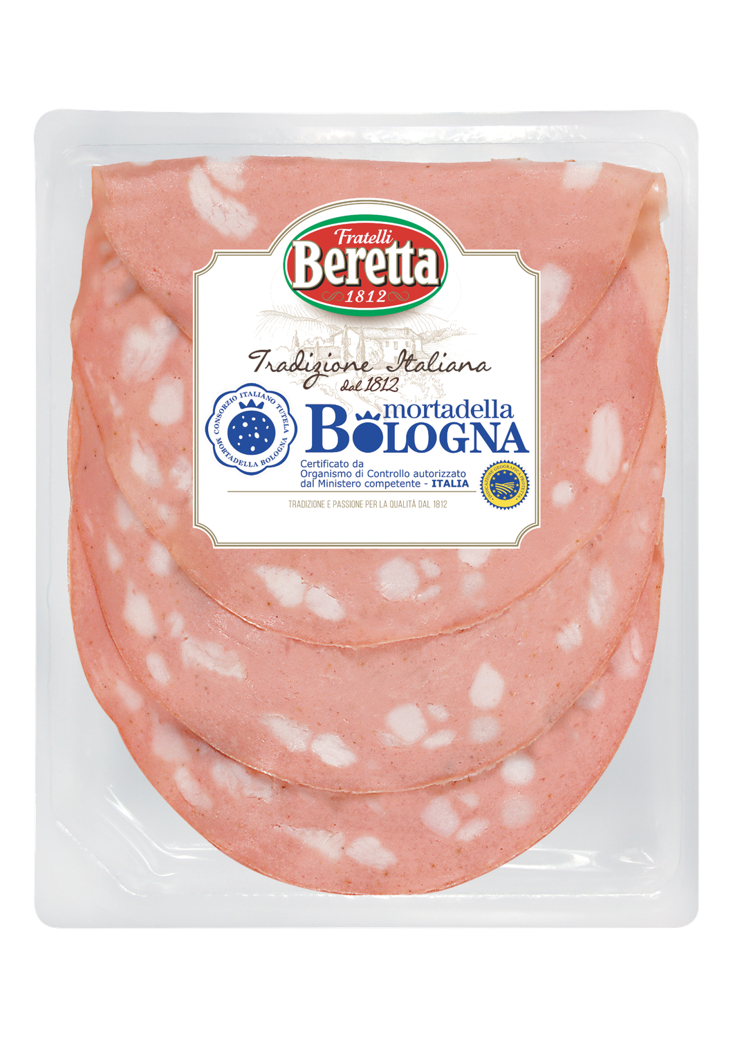 Beretta Mortadella Bologna PGI 100g sliced mortadella in a white tray with the blue Bologna label and PGI seal