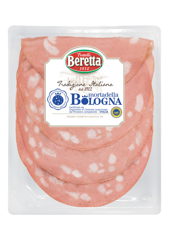 Beretta Mortadella Bologna PGI 100g sliced mortadella in a white tray with the blue Bologna label and PGI seal