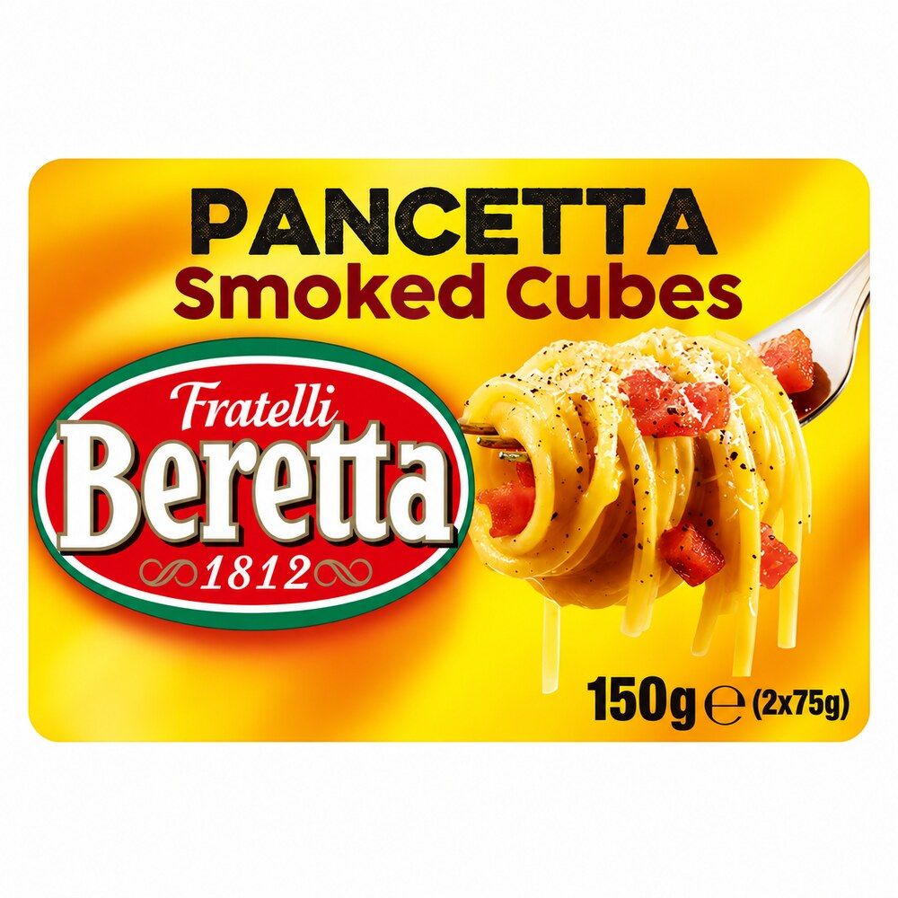 Fratelli Beretta Smoked Pancetta Cubes 150g twin pack, 2 x 75g, front label artwork