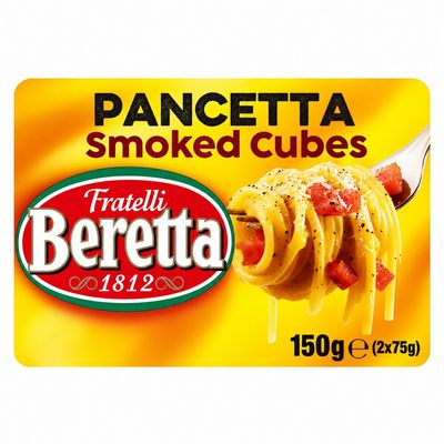 Fratelli Beretta Smoked Pancetta Cubes 150g twin pack, 2 x 75g, front label artwork