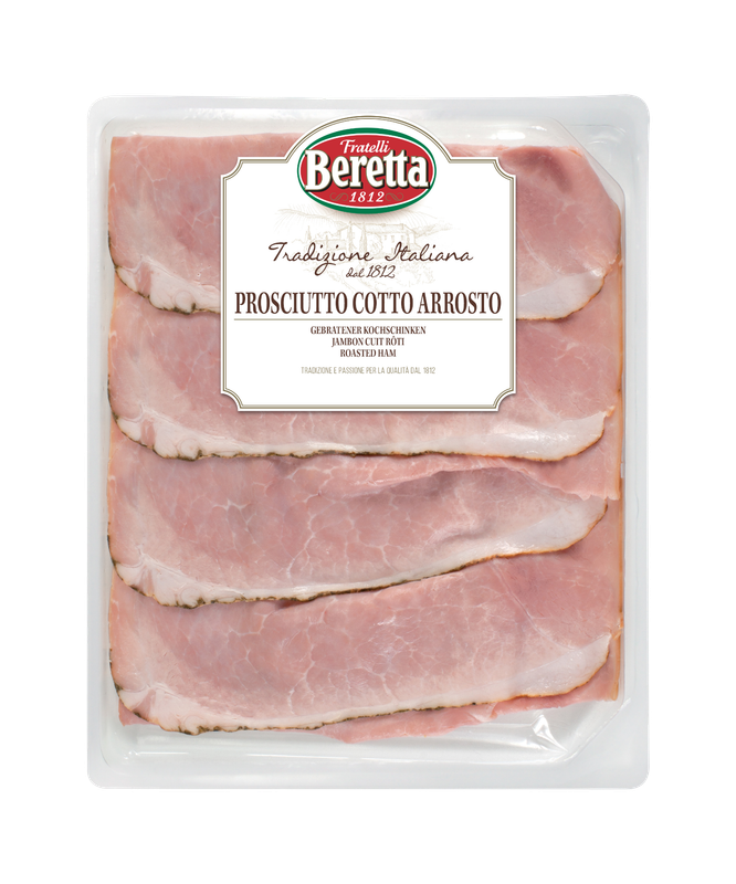 Beretta Prosciutto Cotto Arrosto 100g sliced roast ham in a white tray with the Beretta label