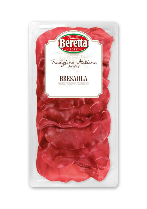 Beretta Bresaola 70g sliced cured beef in a white tray with the Fratelli Beretta label