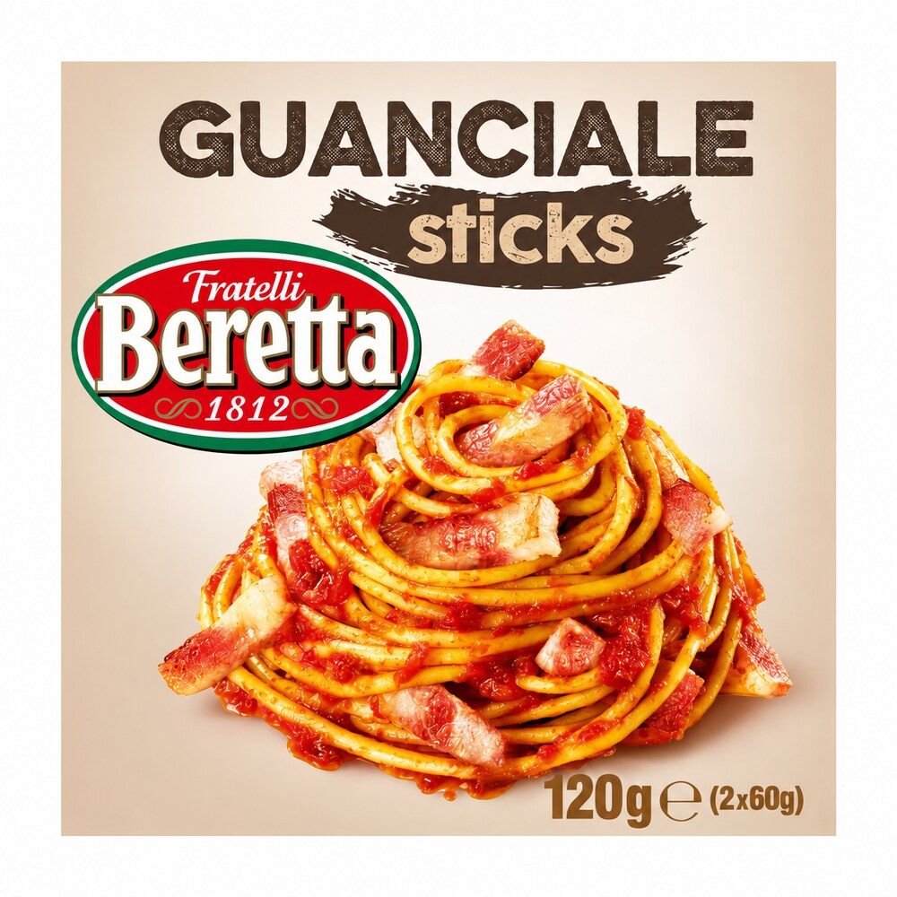 Fratelli Beretta Guanciale Sticks 120g twin pack, 2 x 60g, front label artwork