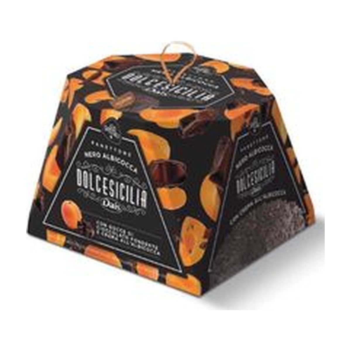 Dais Nero apricot cream panettone 800g in its black and orange Dolce Sicilia gift box