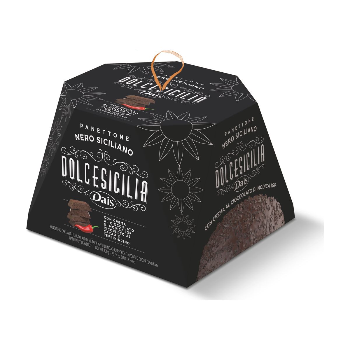 Dais Nero Siciliano Modica chocolate panettone 800g in its black Dolce Sicilia gift box