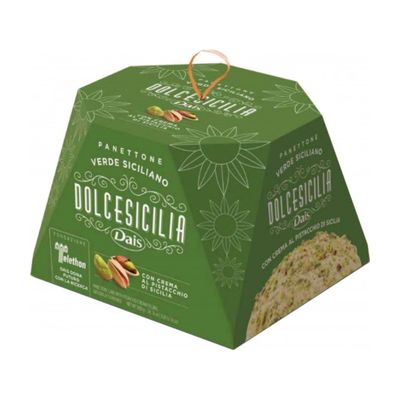 Dais Verde Siciliano Pistachio Panettone 800g Dais Verde Siciliano pistachio cream panettone 800g in its green Dolce Sicilia gift box