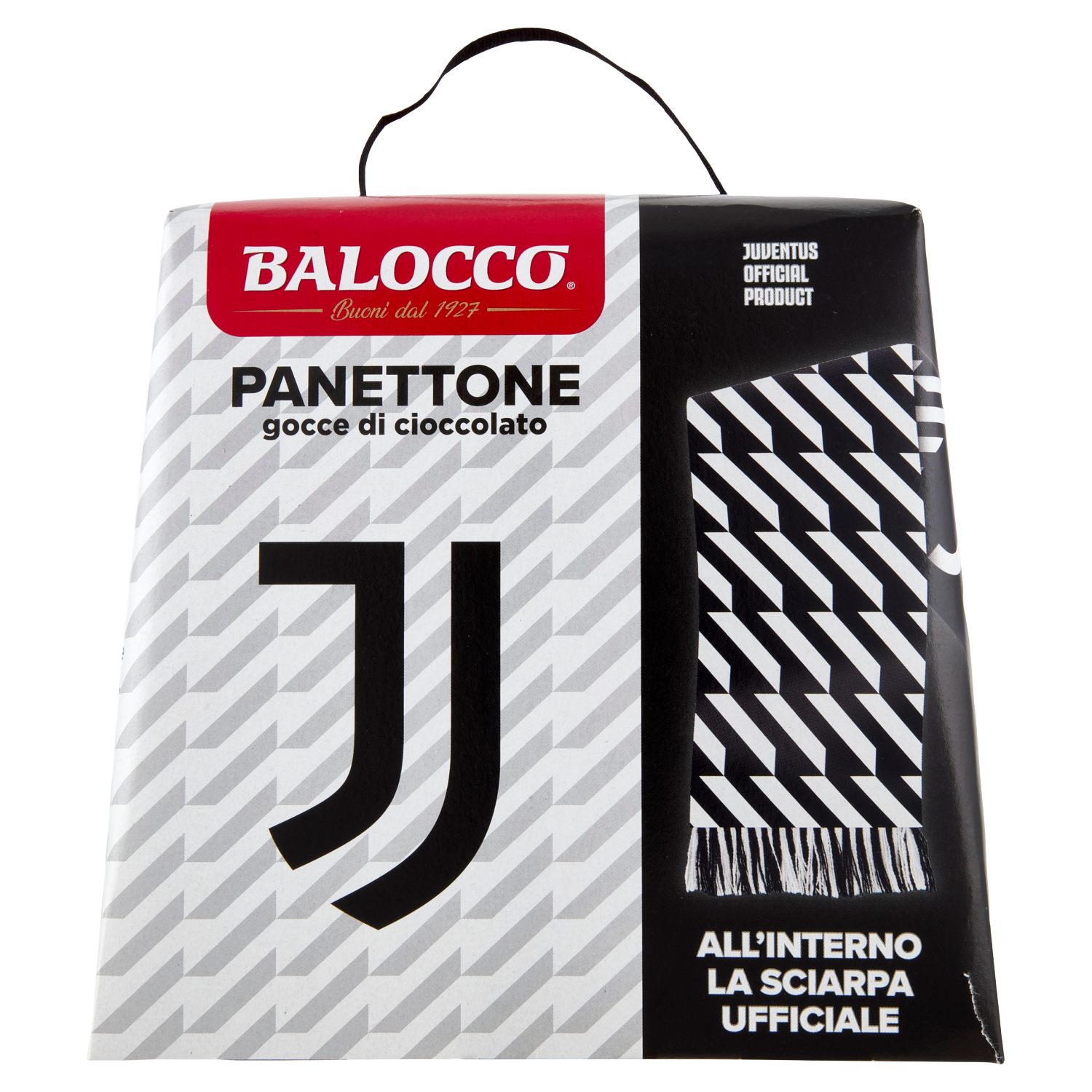 Balocco Juventus chocolate chip panettone 500g gift pack in black and white with official scarf included