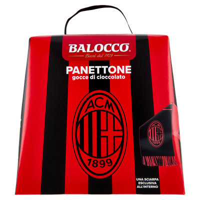 Balocco AC Milan Chocolate Chip Panettone 500g + Scarf Balocco AC Milan chocolate chip panettone 500g gift pack in red and black with scarf included