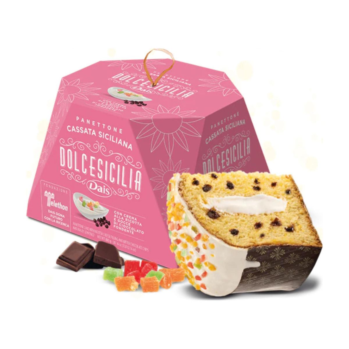 Dais Cassata Siciliana ricotta cream panettone 800g with pink gift box and sliced cake