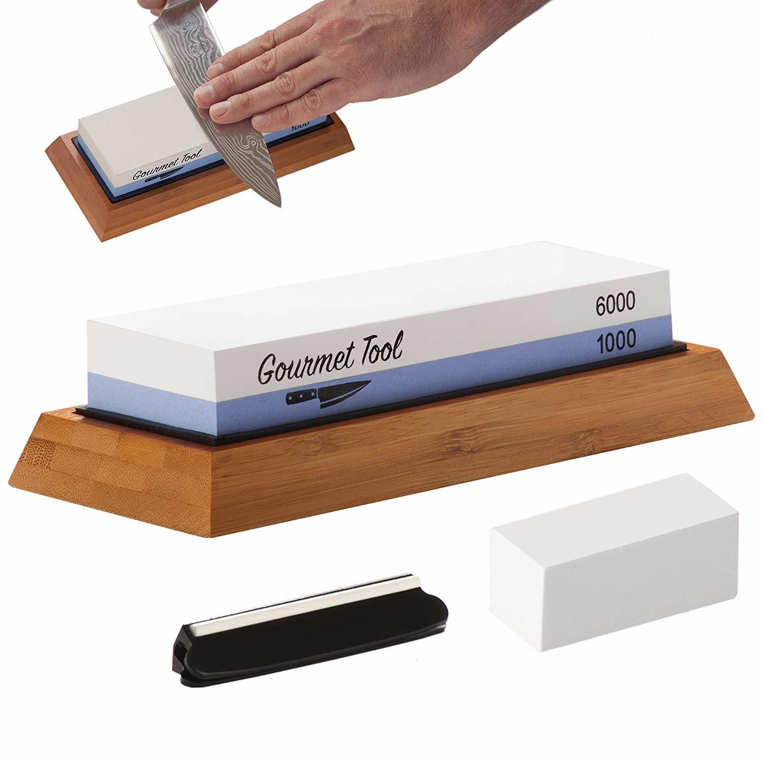 6000/1000 Dual Grit Whetstone - Comes with Bamboo base, Rubber Base,  Angle Guide, Flattening stone