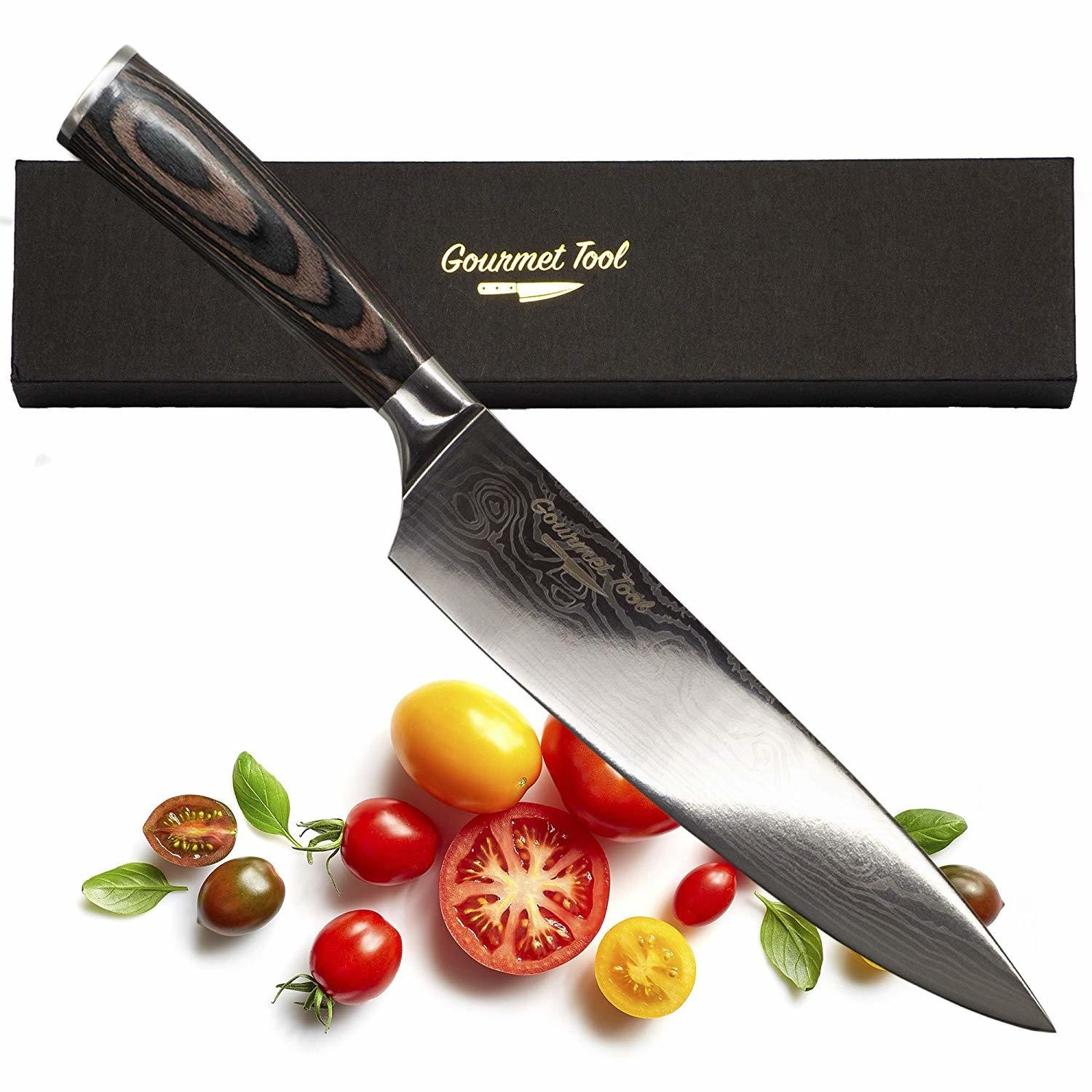 Professional 8 Inch Chef Knife by Gourmet Tool - Ultra Carbon Stainless Steel with Etched Damascus Design - Ergonomic Pakkawood Handle
