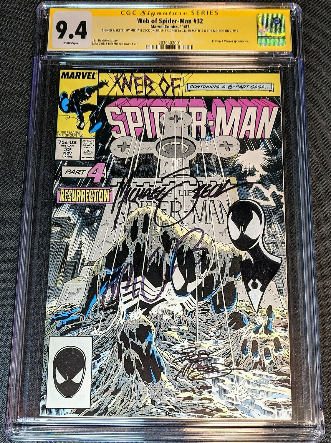 Web of Spider-Man 32 CGC 9.4 Signed by Zeck (with remark), Dematteis, and Mcleod Web of Spider-Man 32 CGC 9.4 Signed by Zeck (with remark), Dematteis, and Mcleod