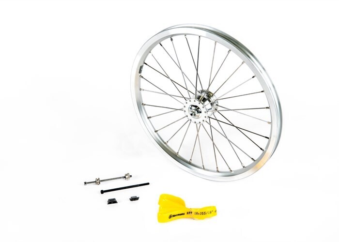 Brompton front wheel radial lacing Shutter Precision dynamo silver complete with lights and wiring loom