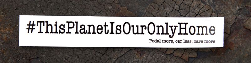 Eerder metaal transparant sticker #ThisPlanetIsOurOnlyHome / Pedal more, car less, care more. size Large