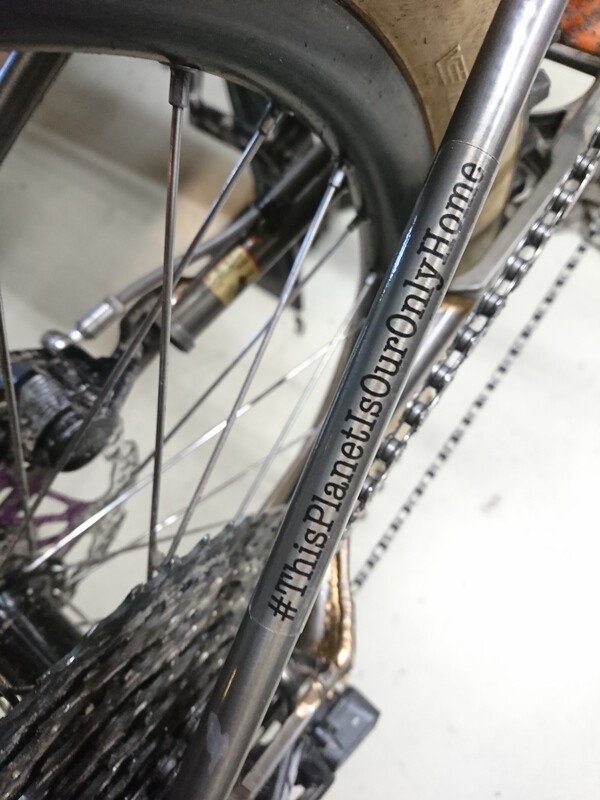 Eerder metaal transparant sticker  Pedal more, car less, care more / #ThisPlanetIsOurOnlyHome. Size small