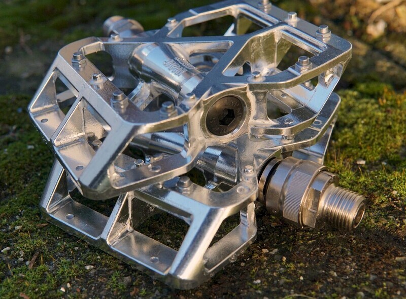 MKS Allways silver polished platform pedals. Left side EzySuperior right side normal