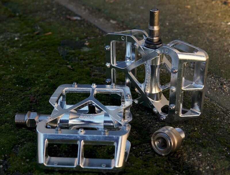 MKS Allways silver polished platform pedals. Left side EzySuperior right side normal