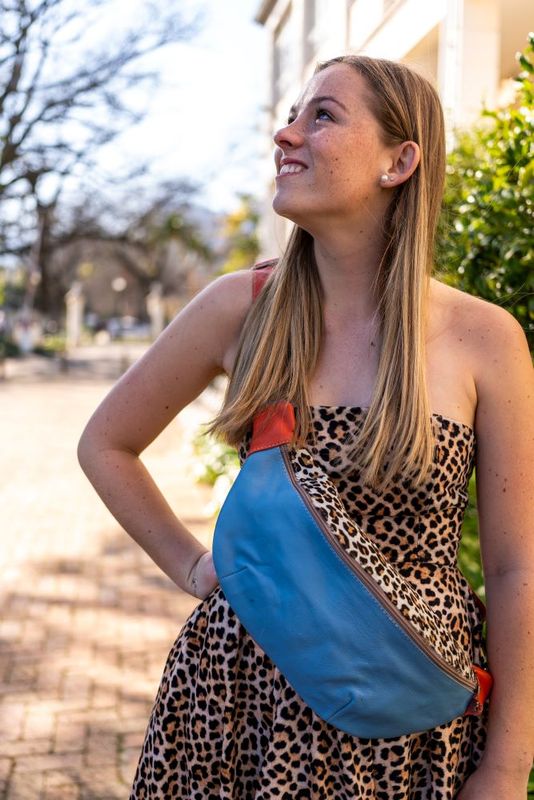 Leather Moonbag: Coral, Jaguar &amp; Light Blue