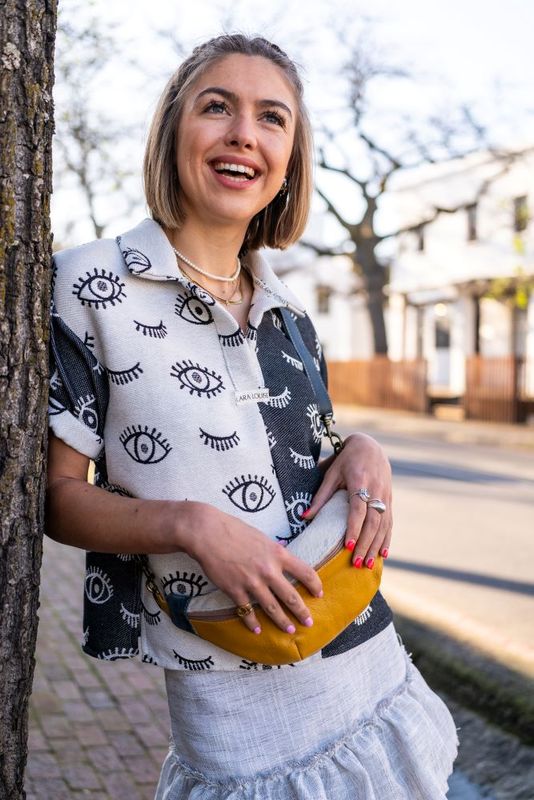 Leather Moonbag:  Tumeric, Denim &amp; Gold Nguni