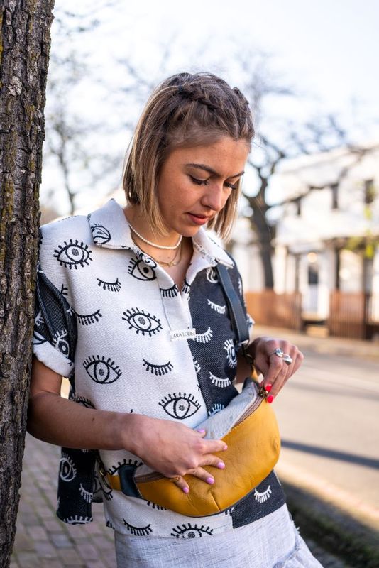 Leather Moonbag:  Tumeric, Denim &amp; Gold Nguni