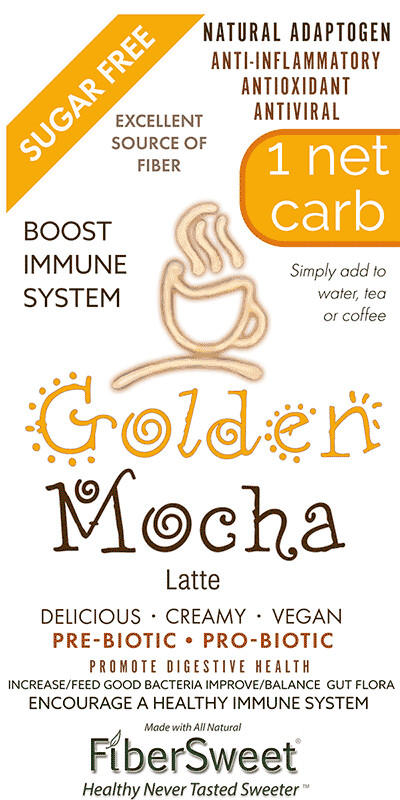 (four) 4 PACKETS
(makes 2 cups ea)
ONE NET CARB
Golden Mocha Latte
(Turmeric Amla Cocoa)
Chocolate Creamer