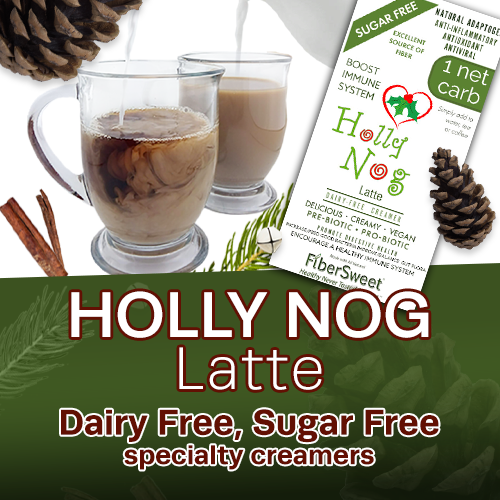 (four) 4 PACKETS
(makes 2 cups ea)
ONE NET CARB
HollyNog Latte