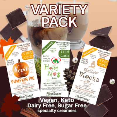 (CASE)  - Variety Pack 
(4 ea) Total 12 PACKS
(makes 2 cups ea) 
ONE NET CARB
Pumpkin Pie Latte
Mellow Mocha Latte
Holly Nog Latte
CREAMER