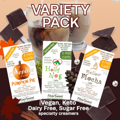 (CASE) - Variety Pack
(4 ea) Total 12 PACKS
(makes 2 cups ea)
ONE NET CARB
Pumpkin Pie Latte
Mellow Mocha Latte
Holly Nog Latte
CREAMER