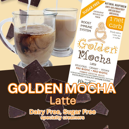 (CASE) 12 PACKETS
(makes 2 cups ea)
ONE NET CARB
Golden Mocha Latte
(Turmeric Amla Cocoa)
Chocolate Creamer
