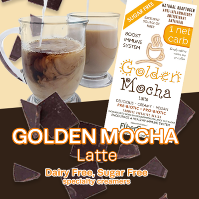 (CASE) 12 PACKETS
(makes 2 cups ea) 
ONE NET CARB
Golden Mocha Latte
(Turmeric Amla Cocoa)
Chocolate Creamer
