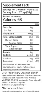 INGREDIENTS:

Clean Label – All ingredients are FDA GRAS approved

DariFree Ingredients: DFSF Proprietary Creamer Blend* from
Digestive Resistant PreBiotic Fiber from Potatoes and Cassava Root, Natural Flavors
MINERALS: RENOVO™ (contains 84 Trace minerals)
ProBiotic – Bacillus Coagulans, 250 Million CFUs per serving*
*DV not established
Contains: Potato, Cassava Root (Yuca-Tapioca), ProBiotic
